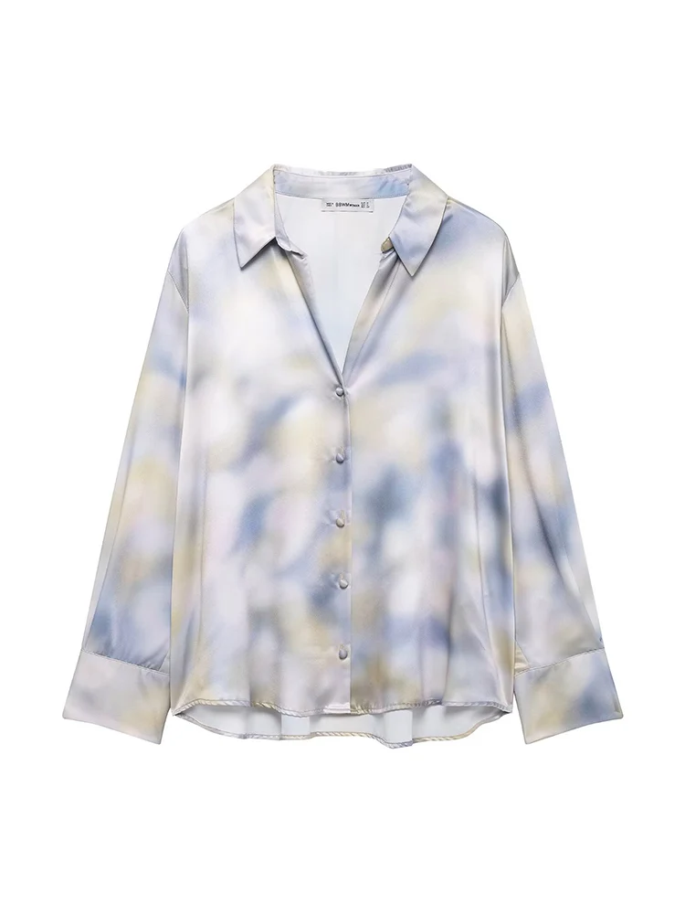 

KUCLUT Women Fashion Tie Dye Single Breasted Blouse Vintage Lapel Neck Long Sleeves Female Chic Lady Shirts
