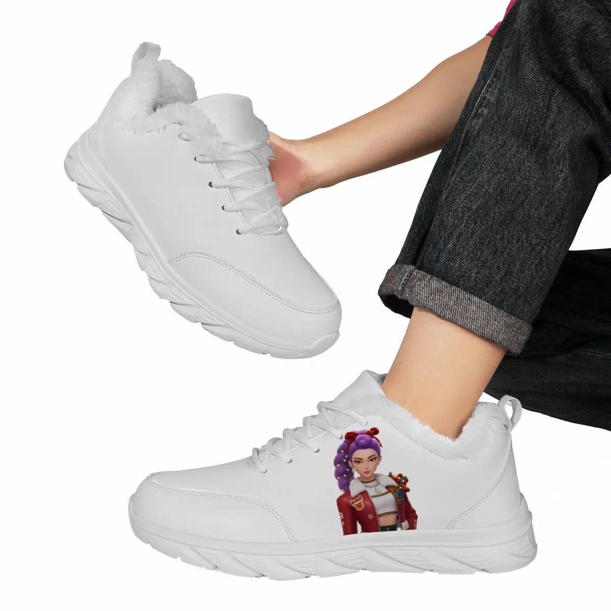 Sapatos casuais personalizados com forro de pele branca, calçados esportivos de inverno com personagem de desenho animado, tênis plataforma masculino, sapatos femininos da moda