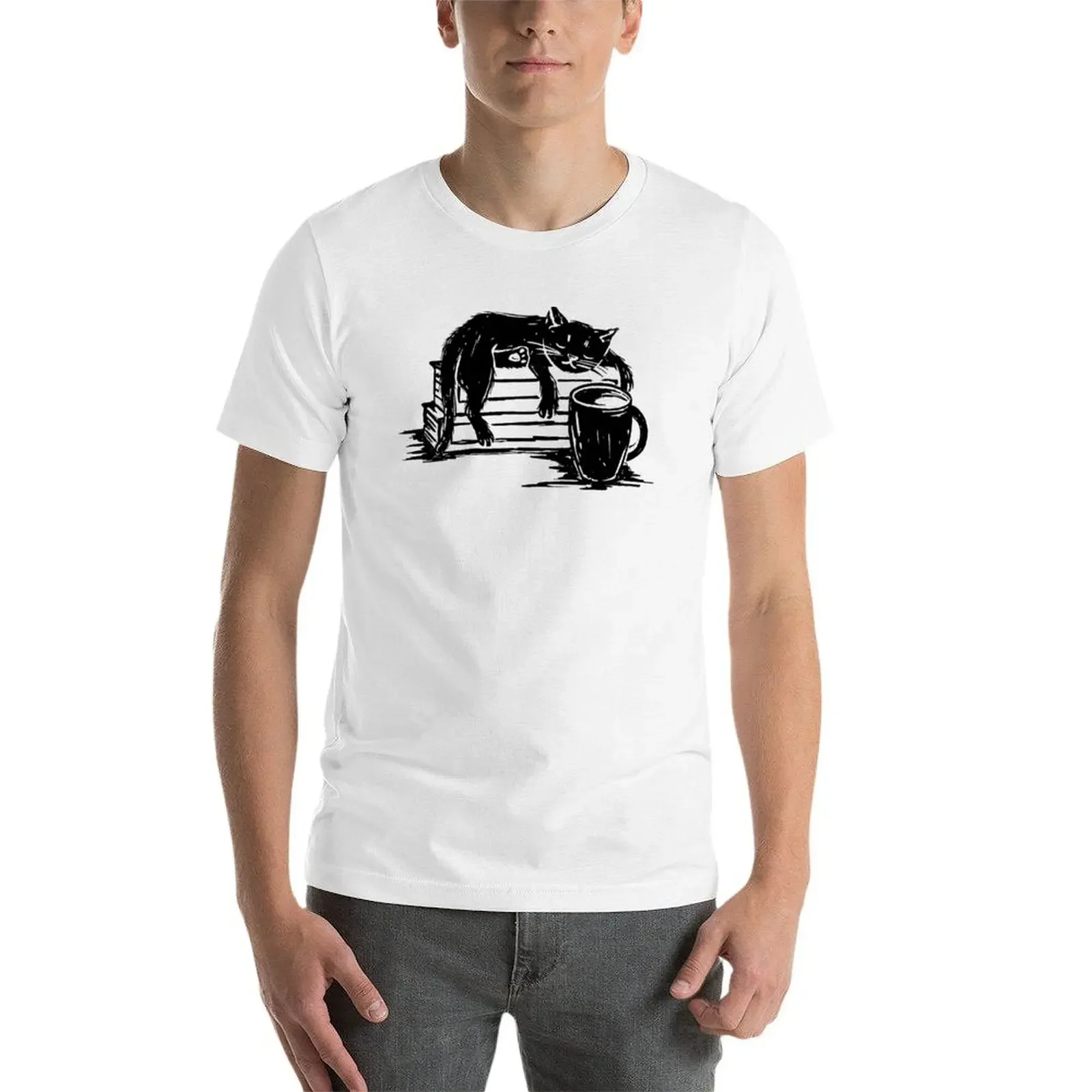 Camiseta con estampado de libros y café de gato para hombre, top de secado rápido, ropa kawaii, blusa