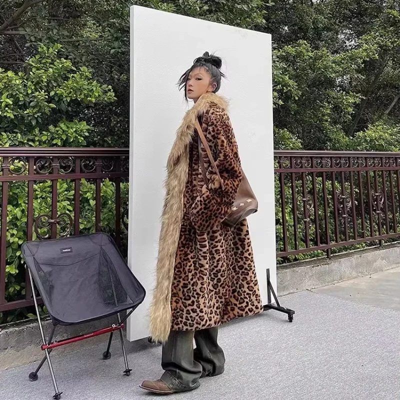 Leopard Long Faux Fur Coat for Women Warm Thick Autumn Winter Jacket Large Size Overcoat with Turn down Collar Maxi Outerwear
