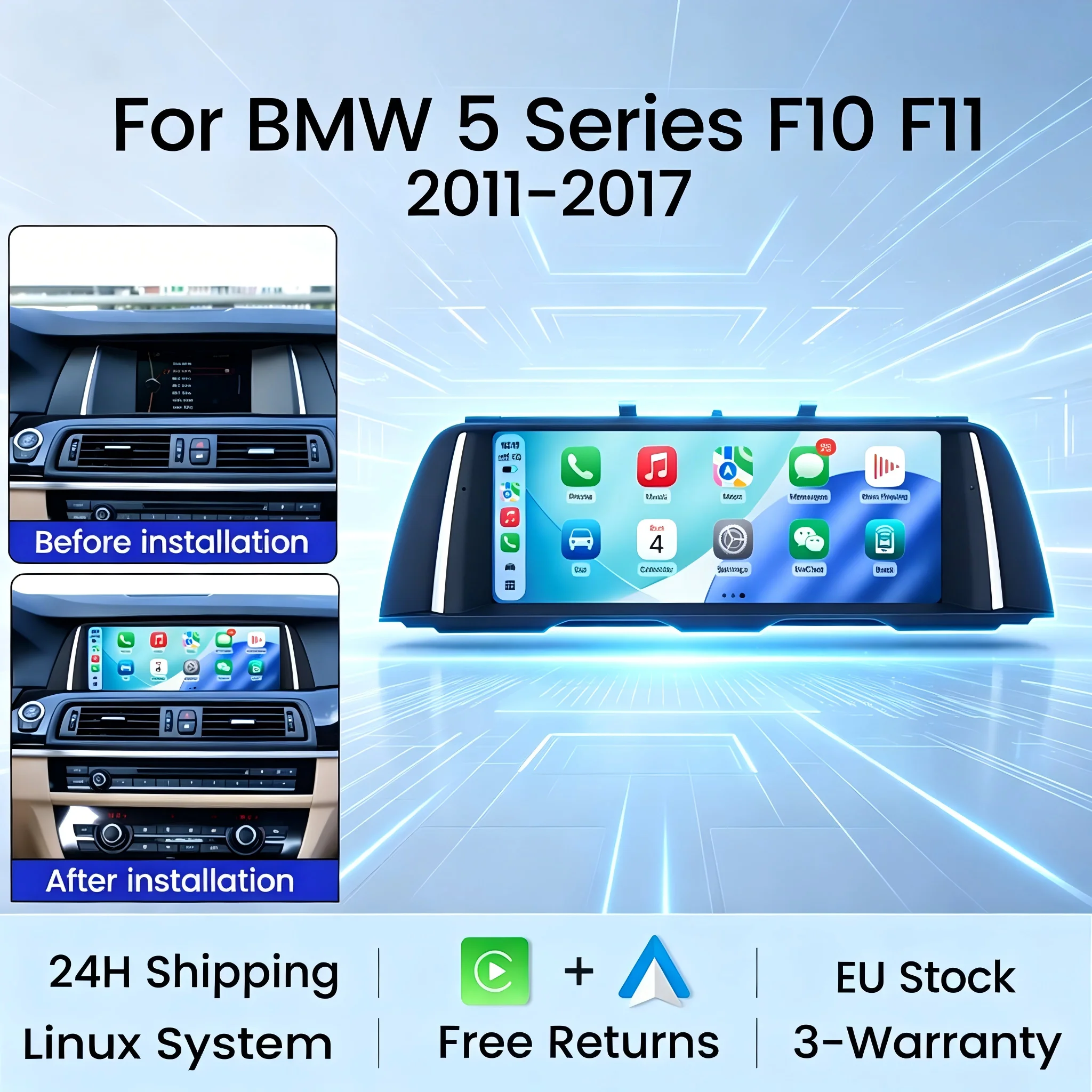 10,25-Zoll-Linux-Bildschirm für BMW 5er F10 F11 CIC NBT Auto-Multimedia-Radio Stereo Android Auto Wireless CarPlay BT WIFI Beibehaltung des Originalsystems