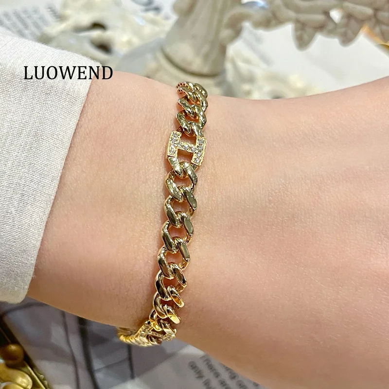 

LUOWEND браслет из 100% желтого золота 18 карат, кубинская цепочка, роскошный модный стиль, браслет из настоящего натурального бриллианта для женщин, изящные ювелирные изделия