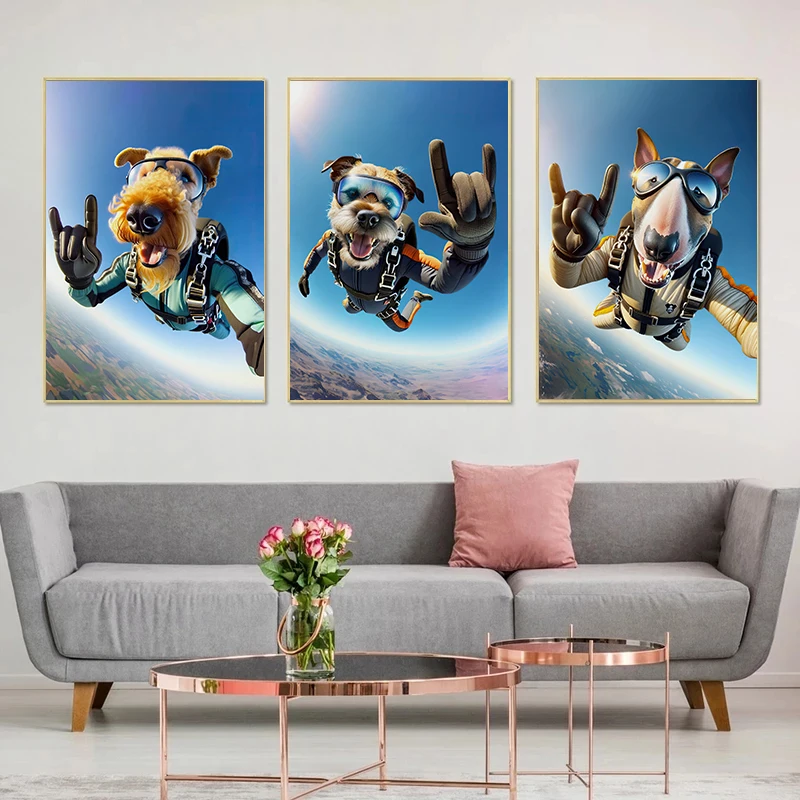 Photograph of A Skydiving Dog Posters Dalmatian Yorkshire Dachshund Canvas Painting Extreme Sport Wall Art Picture Home Decor