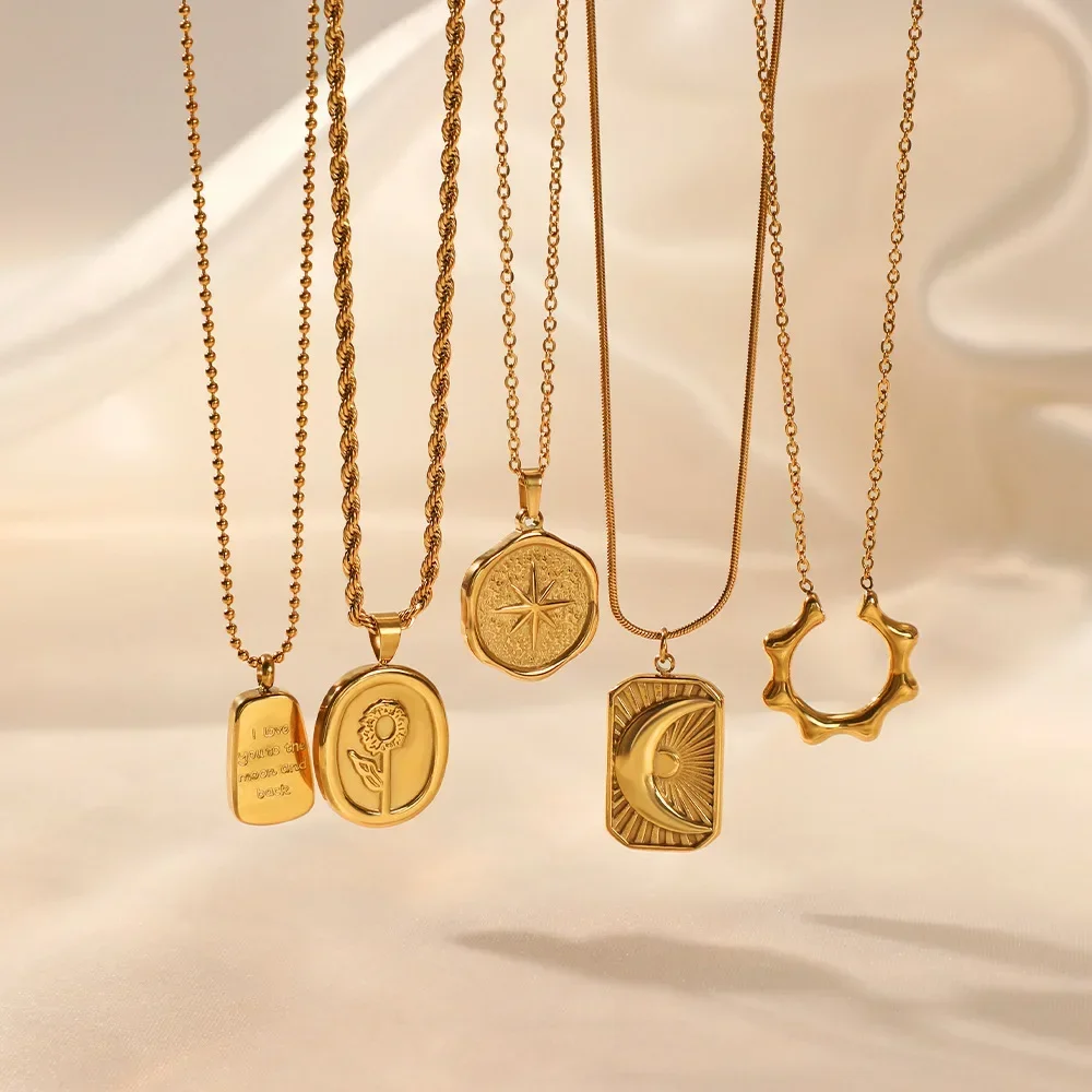 Statement Sun Star Moon Flower Pendant Diverse Charms Stainless Steel Necklaces for Women Gold Color Minimalist Vintage Jewelry