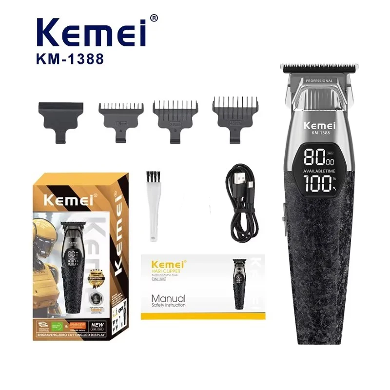 Kemei Barber Cordless Hair Trimmer Zero Gap Professional Hair Clipper Electric Finish Hair Cutting Machine for Men LCD Display