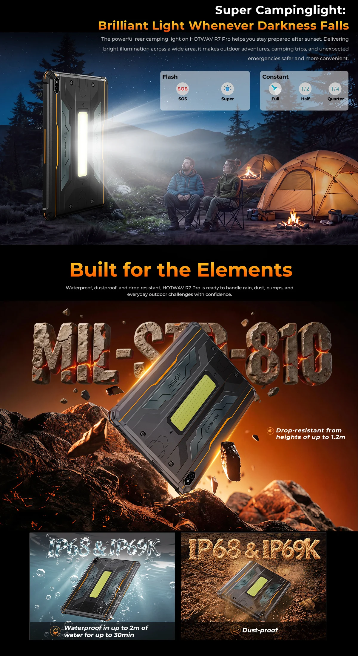 HOTWAV R7 Pro 10.1'' HD 120Hz Display 1080P Rugged Tablet 15600mAh Massive Battery 20W Fast Charging Android 16 Super Camping Light Pad 8GB RAM 256GB ROM 20MP + 5MP Camera Self-Developed AI Toolset Octa-core Tablet PC With Flexible Aluminum Stand