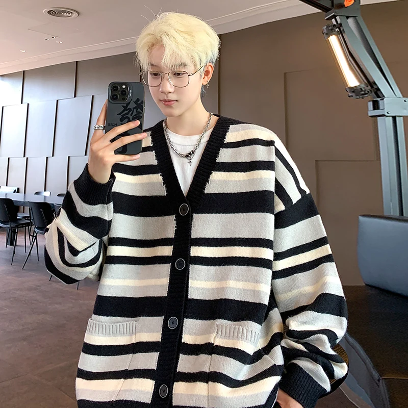 Autumn Striped Cardigan Sweater Men Korean Knitted Sweater Pullover Harajuku Hip Hop Streetwear Loose Knitwear Coat Male Clothes
