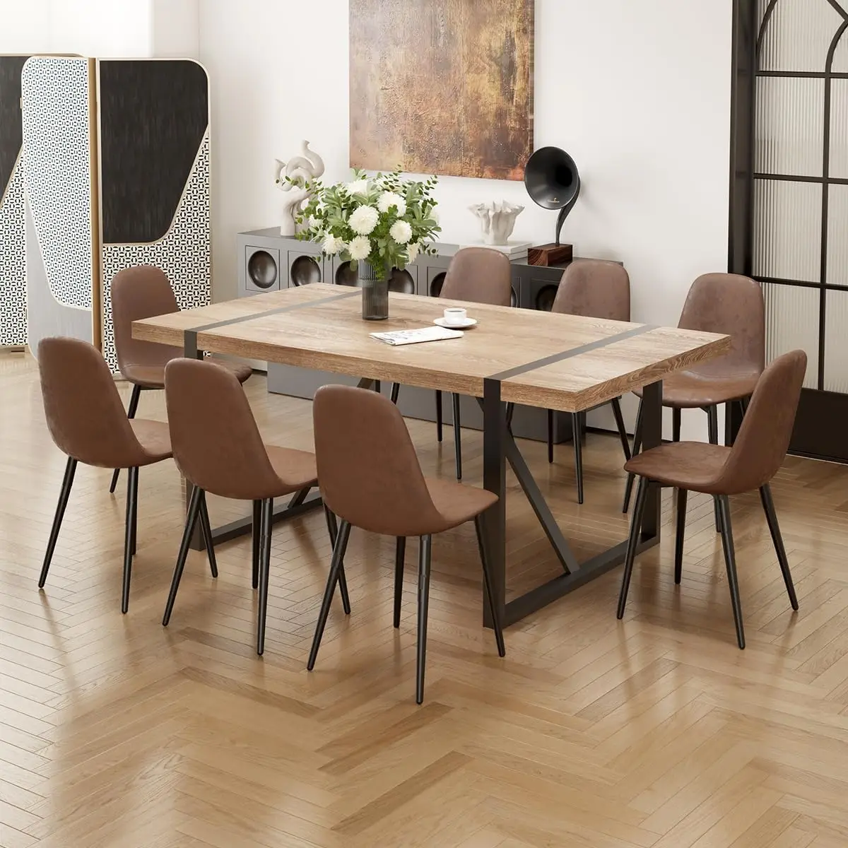 9 Piece Dining Table Set for 8,Modern 71'' Rectangle Wood Dining Table and Fabric Dining Chairs 8,Kitchen Table and Chairs for 8