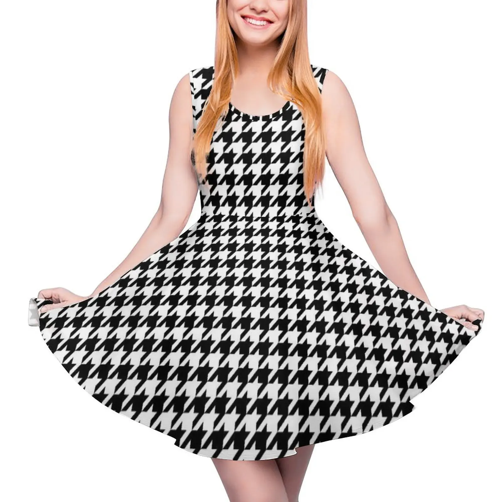 Houndstooth Check Dress Black And White Aesthetic Dresses Female Boho Beach Skate Dress Summer Design Vestido Big Size 3XL 4XL