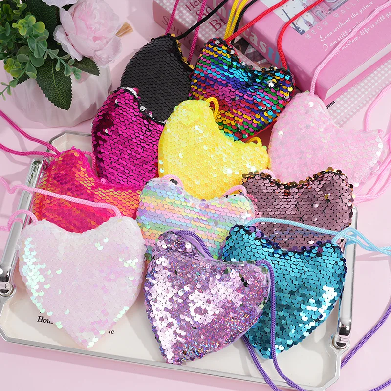 Creative Zipper Schoolbag Children's Sequin Card Change Little Girl's Crossbody Peach Heart Girl Cute