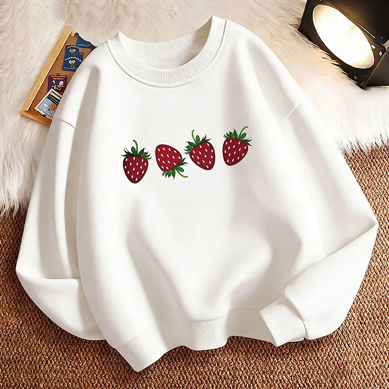 Modischer Süßer Erdbeer-Print Hoodie Pullover mit Rundhalsausschnitt für Kinder, Lässiger Kapuzenpullover Y2k Mädchenbekleidung