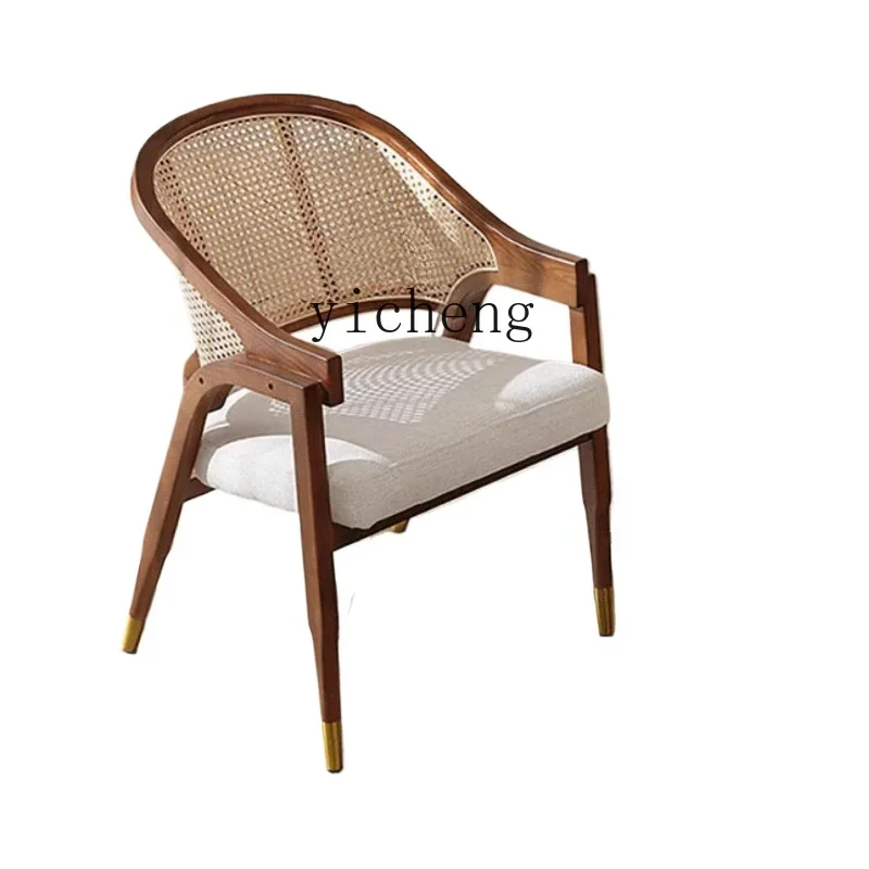 

ZK retro dining chair solid wood rattan leisure chair cafe restaurant soft bag armrest single rattan chair