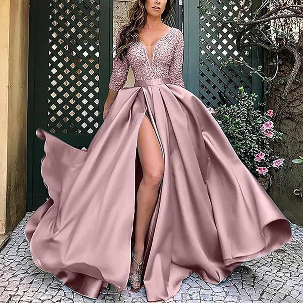 

Women’s Elegant Bridesmaids Dresses Elegant Lace Sequins V-Neck Solid Long Sleeve Female Evening Party Club Wedding Maxi Dresses