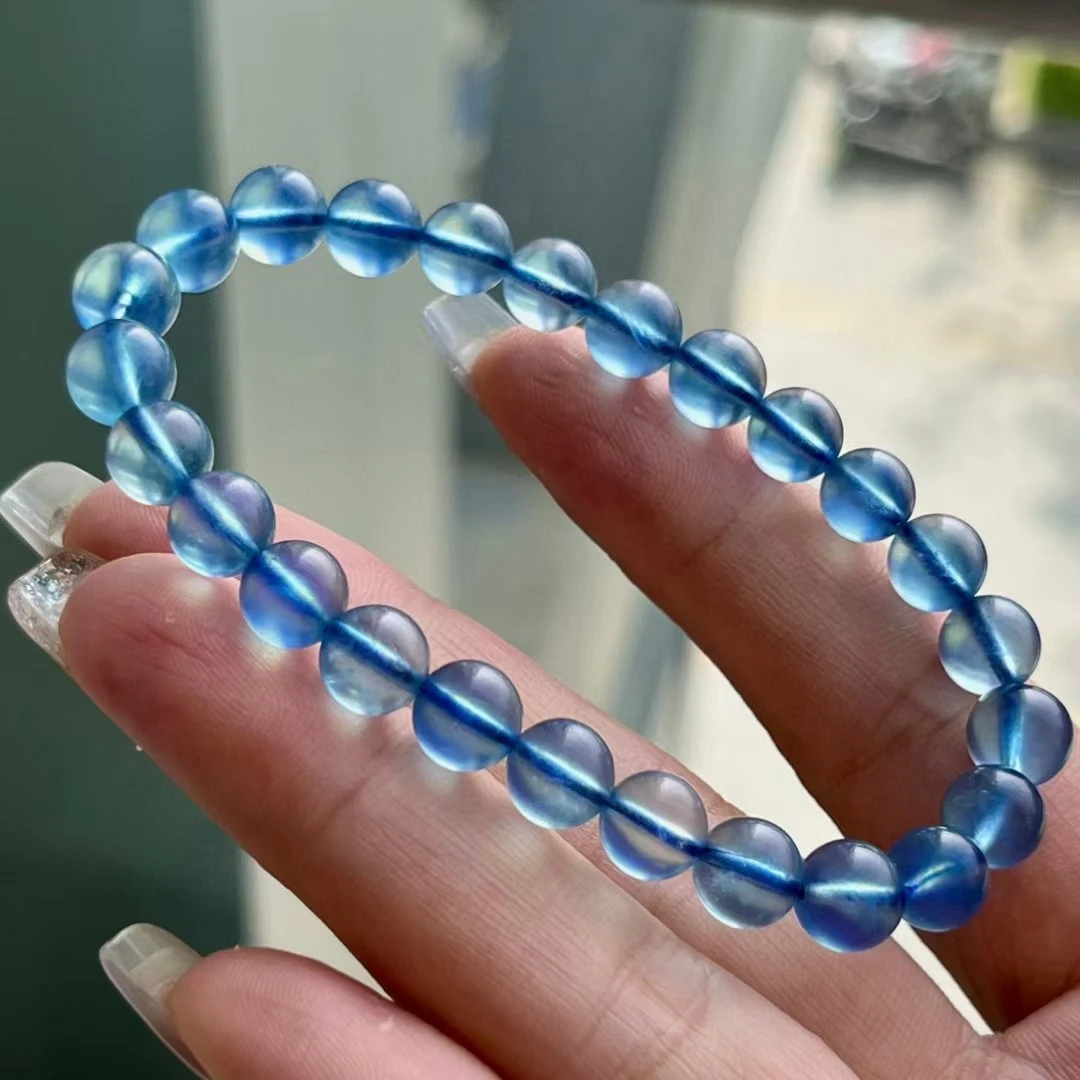 Natural Blue Aquamarine Clear Round Beads Bracelet Jewelry 8.4mm Fashion Gift Wealthy Blue Aquamarine Beads Women Men AAAAAAA