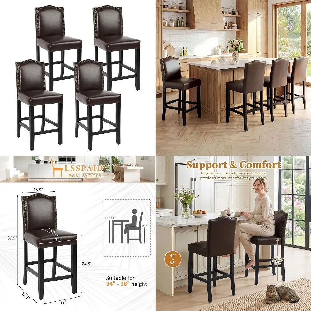

Counter Height Bar Stools Set of 4, 24.8 Inch Pu Upholstered Barstools, Kitchen Island Chairs with Bronze Nail Backrest and Sol