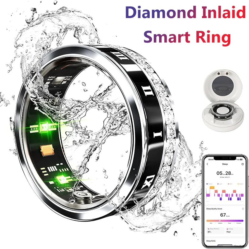 Diamant ingelegde slimme ring hartslaggezondheidsmonitor, bloedzuurstof waterdichte multi-sportmodus Smart Tracker voor iPhone Android