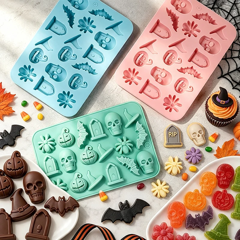 Halloween Silicone Mold 18-Cavity Skull Witch Hat Tombstone Bat Pumpkin Spider Chocolate Candy Biscuit Cake Topper Mold