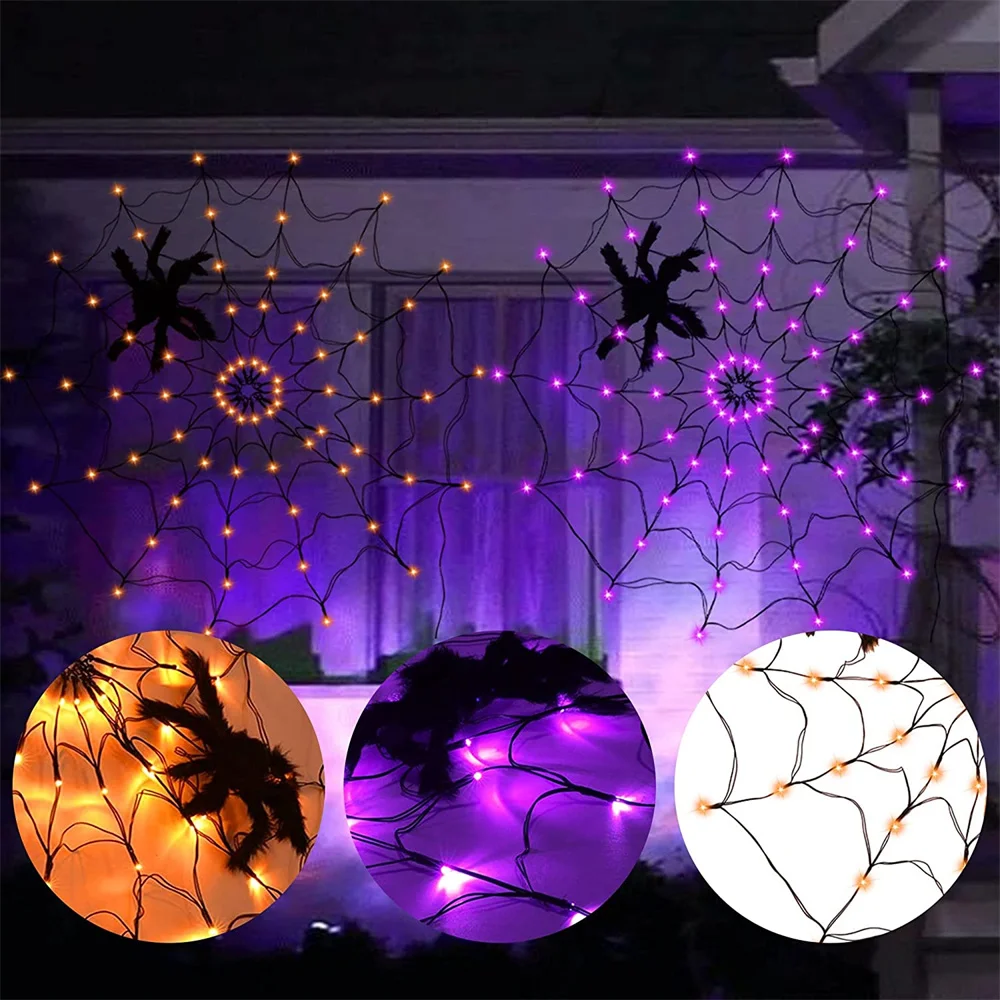 Solar Spider Web Lights Halloween Decoration Light Waterproof Purple Spider Net Lights 8 Modes Halloween Window Party Yard Decor