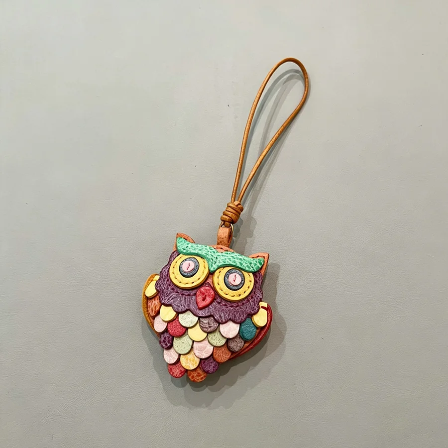 Cowhide Handmade Owl Bag Charm Pendant Sheepskin Keyring Hanging Ornament Backpack Handbag Schoolbag Purse Decoration