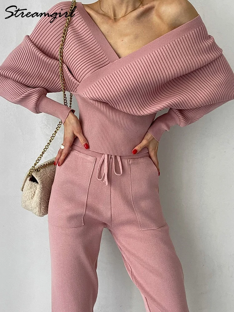 Streamgirl Knitted Pink Pants Sets Womens 2 Piece Elegant V Neck Bat Sleeve Sweaters With Pants Sets For Women 2 Pieces Autumn