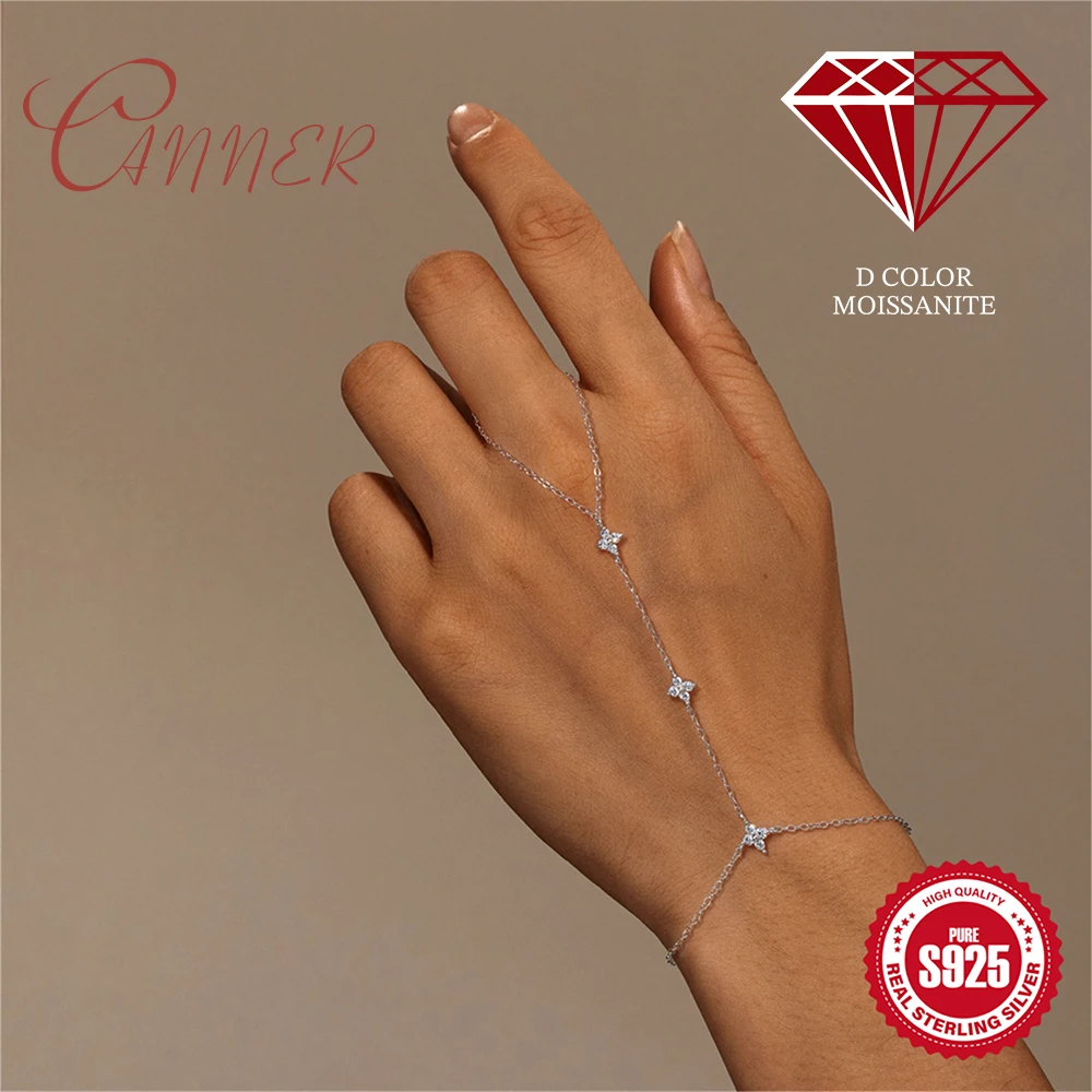 CANNER 925 Sterling Silver Shiny Petal Moissanite Finger Bracelets For Women White Gold Classic Party Wedding Jewelry Gift