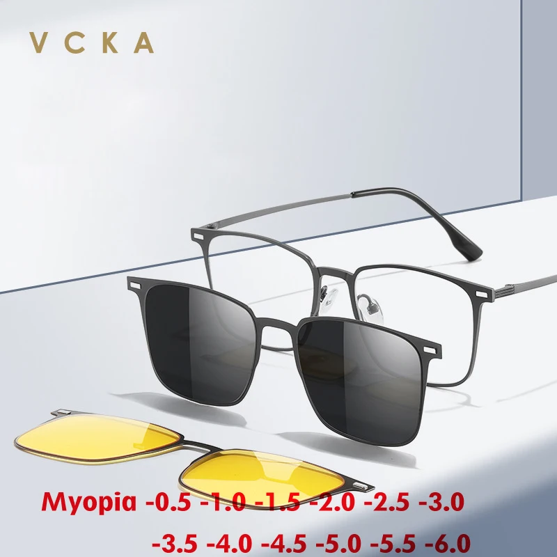 

VCKA 3 in 1 Classic Men Polarized Myopia Sunglasses Square Magnetic Clip Prescription Women Custom Glasses Frame -0.5 to -6.0