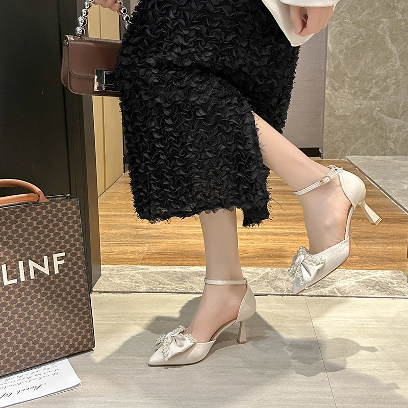Women\'s single shoes Spring and autumn new pointy bow pearl buckle high heels Fashion temperament sweet party shoes