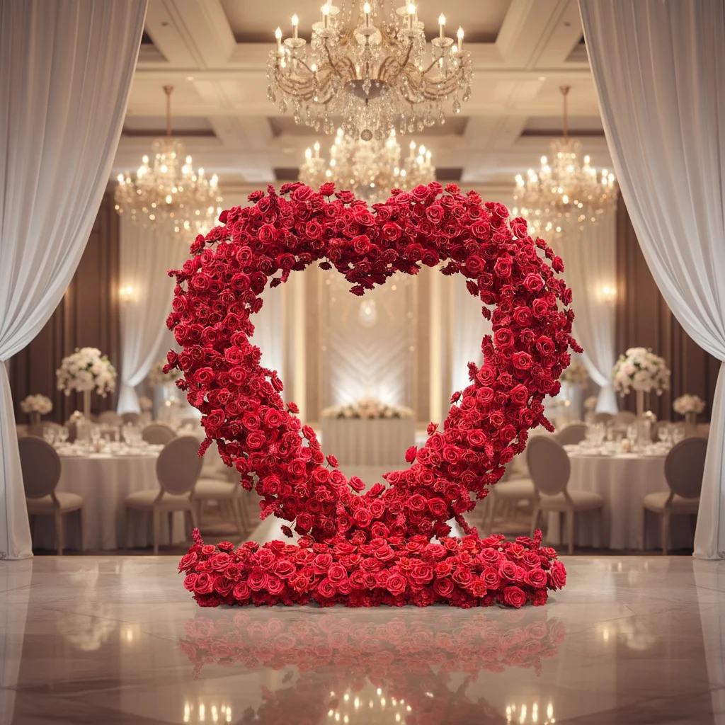 Wholesale Adjustable Handmade Artificial Silk Red Rose Heart Shaped Arch Backdrop Customized Color Size For Wedding Party Event