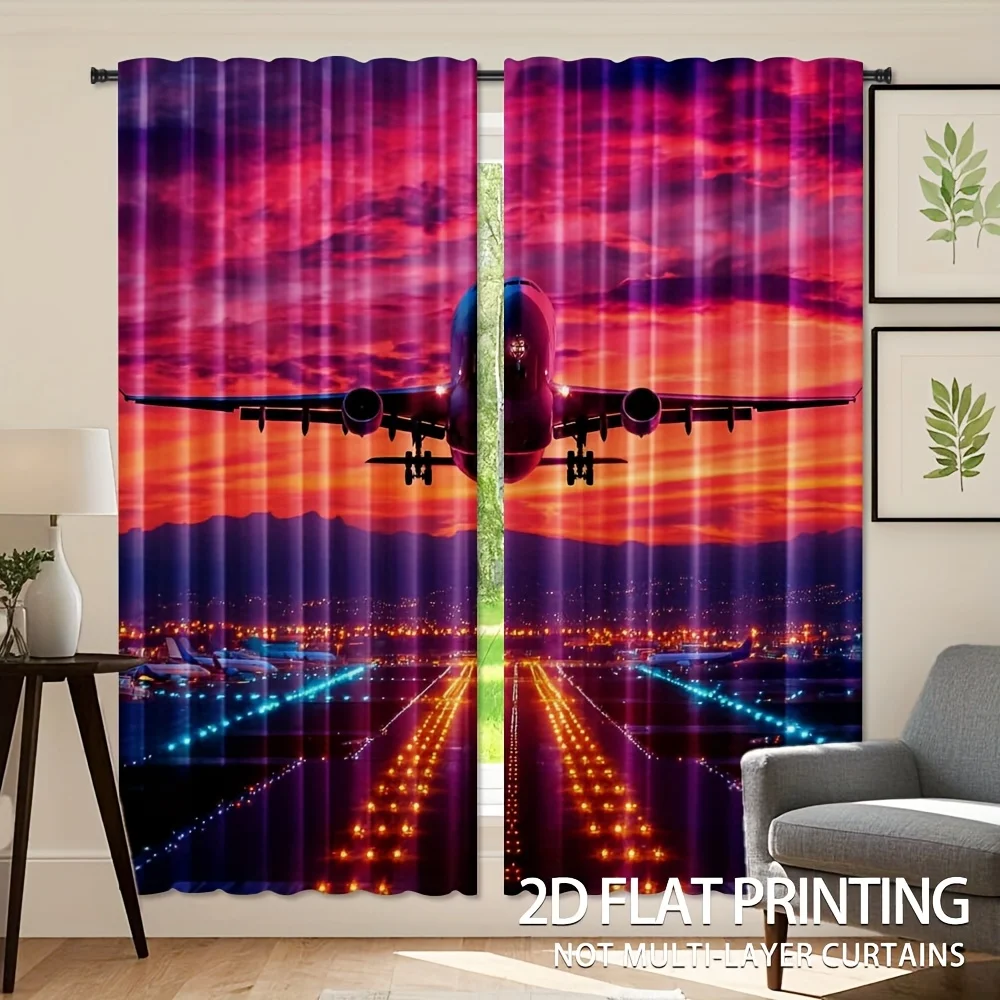 Airplane Sunset Curtain, Airport Runway Blackout Drapes, Aviation Theme Window Treatment for Boys Bedroom Living Room