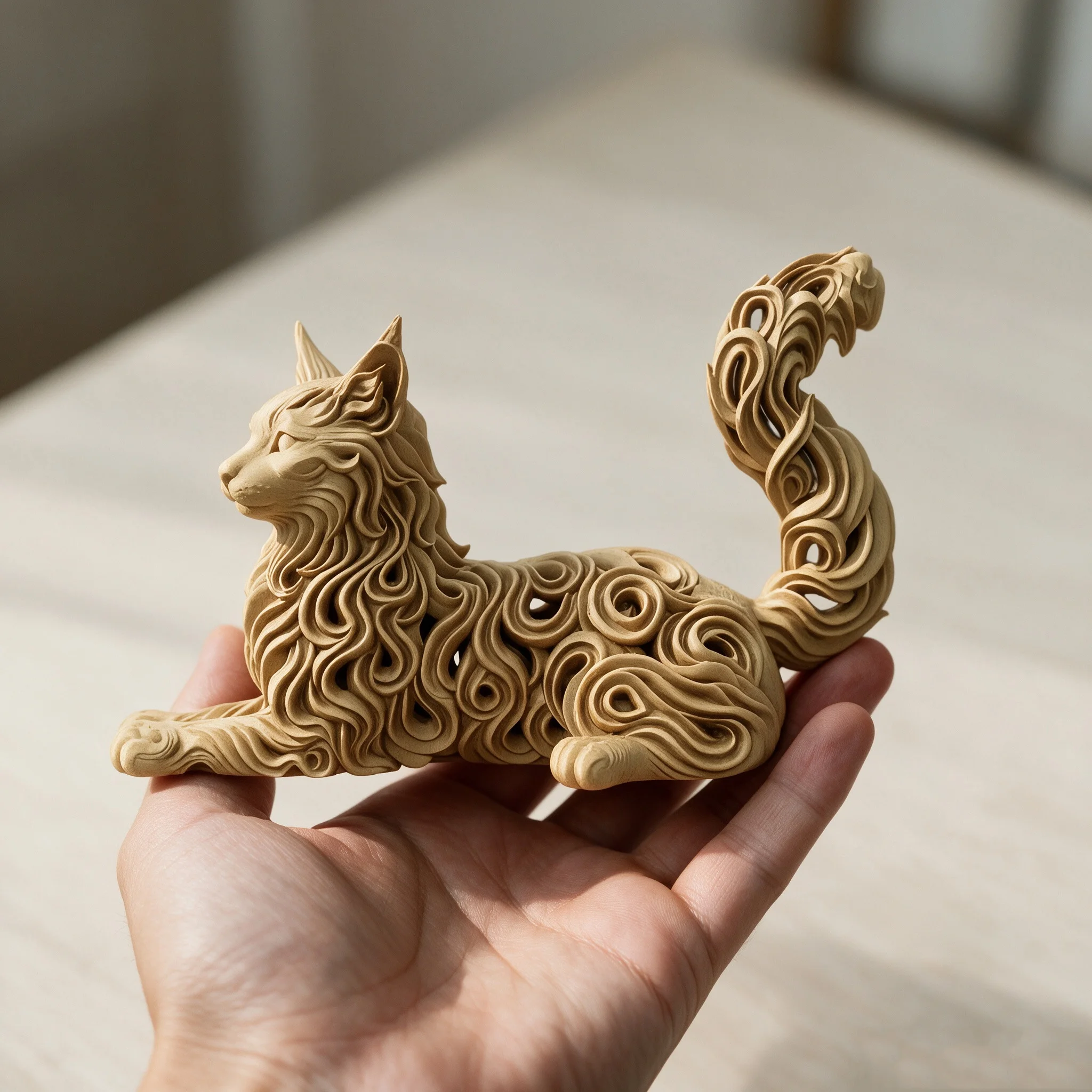 Resin Maine Coon Cat Statue Hollow Curly Pattern Cat Figurine Desktop Ornament Home Office Decor Art Craft Gift for Cat Lovers