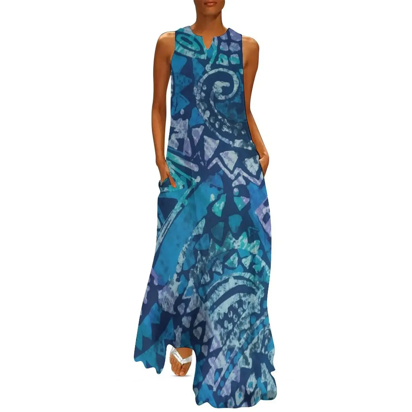 

Abstract Geometric Batik in Blues Long Dress dress summer elegant dress Bride dresses for girls