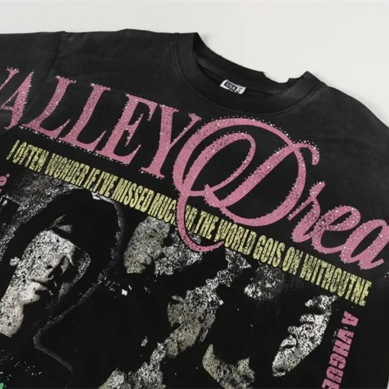 تي شيرت رجالي أسود بأكمام قصيرة من VALLEY مصنوع من القطن الخالص ملابس الشارع الأمريكية تي شيرت علوي