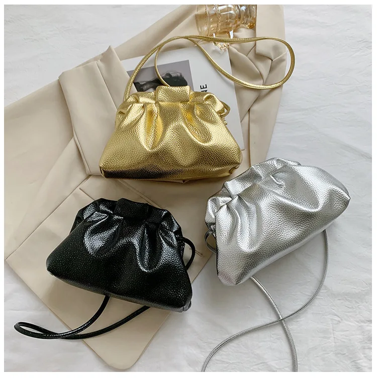

NEW Small Luxury Design Women's Leather Silver Cloud Bag Female Gold Crossbody Bag Ladies Party Clutch Purse Female Handbags