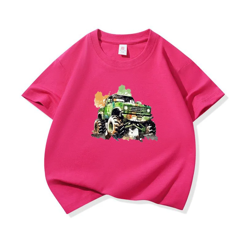 Kids Cotton T Shirt Green Watercolor Off-road Car Print Crew Neck Short Sleeve Tee Casual Breathable Boys Girls Summer Tops
