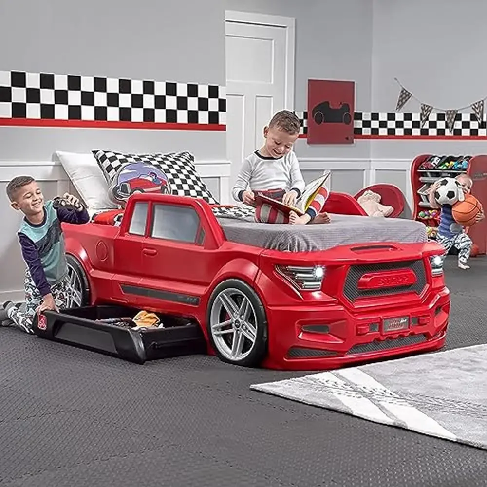 Twin Size Truck Car Bed Boys Girls Working Headlights Built-In Storage Pretend Play Area Durable Plastic Bed