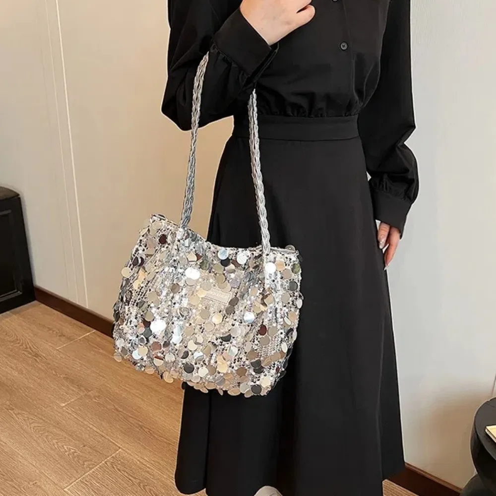 Portable Sparkling Sequin Shoulder Bags Large Capacity Zipper Closure Tote Bag Solid Color Fashion Handbag Women