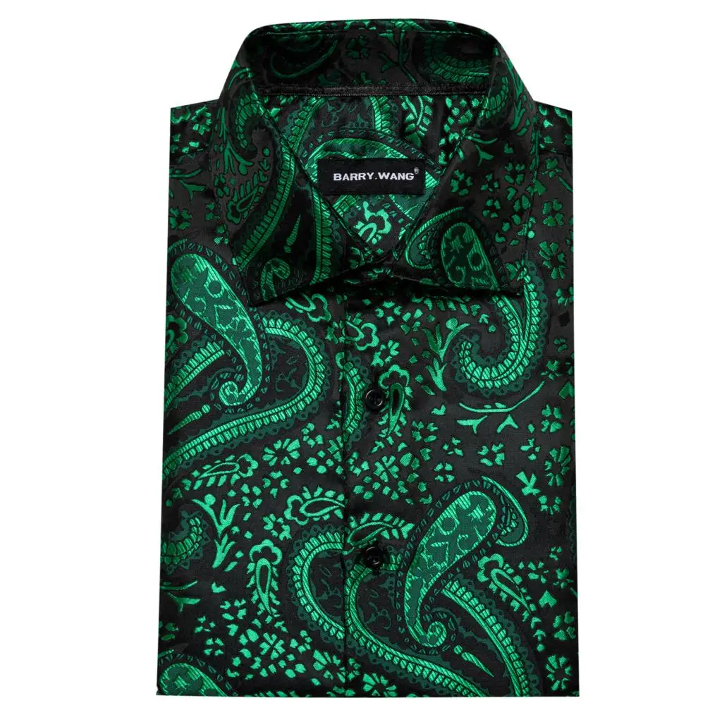 Designer Mens Shirts Silk Long Sleeve Green Black Paisley Embroidered Slim Fit Male Blouses Casual Breathable Tops Barry Wang