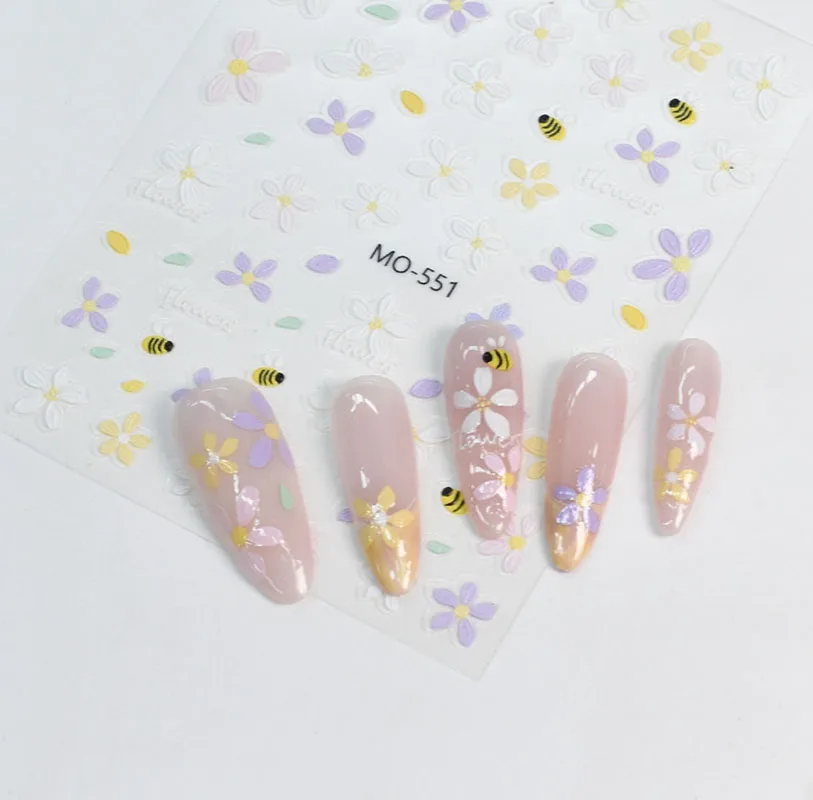 สติกเกอร์ติดเล็บลายนูน 5 มิติ สีฟ้าอมชมพู เหลือง ม่วง ลายดอกไม้แบบภาพวาดสีน้ำมัน สำหรับตกแต่งเล็บ