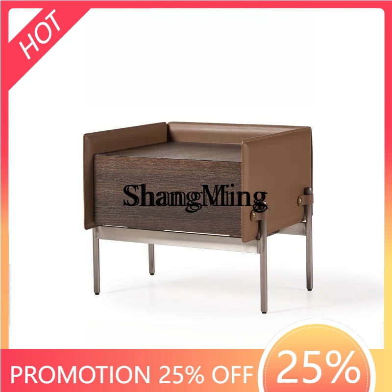 

SM minimalist solid wood bedside table storage saddle leather bedside table light luxury high-end creative bedside table