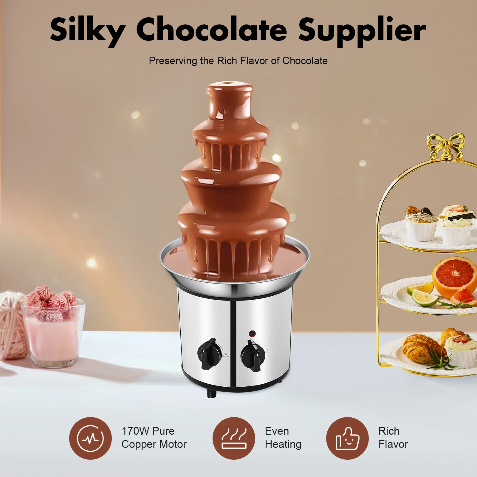

4 Tiers Chocolate Waterfall Fountain Equipment Machine Stainless Steel DIY Handmade Melting Warming Waterfall Hotpot