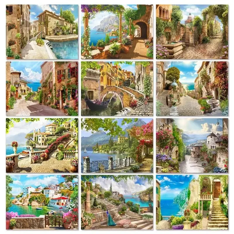 

583133 Paint By Number Canvas Painting Kits Seaside House DIY Wall Art Unframe Coloring By Numbers Landscape Home Decoration