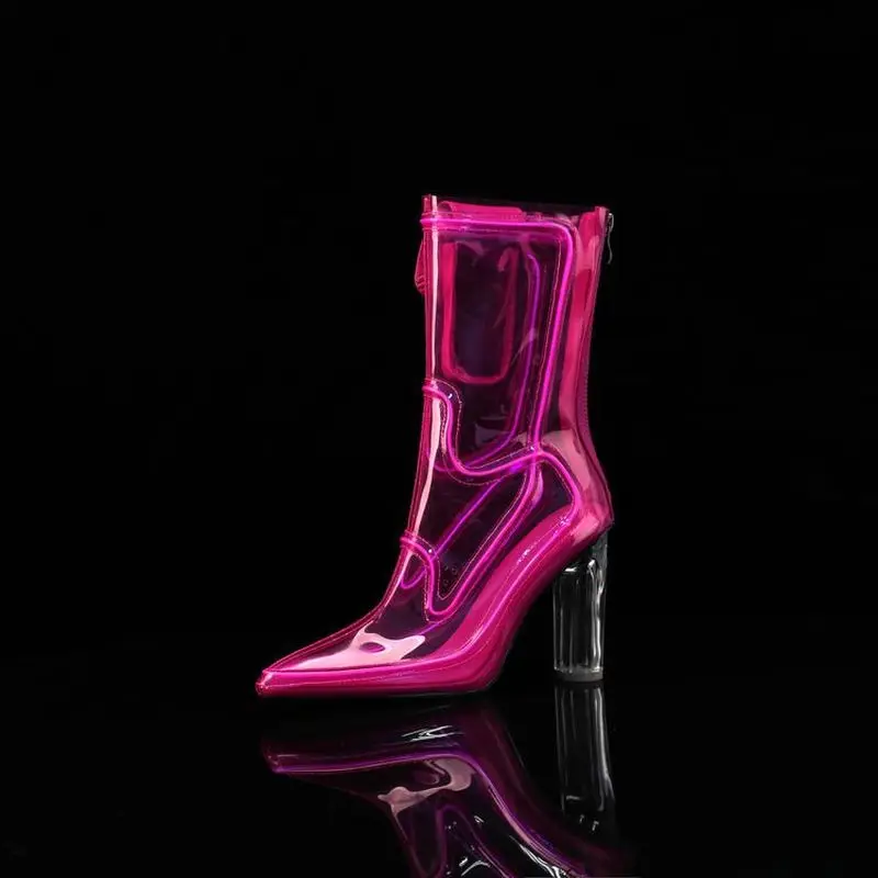 Women LED Light‑Up Transparent PVC Ankle Boots Pointed Toe Chunky Block Heel Y2K Luminous Shoes Halloween Club Party Stage