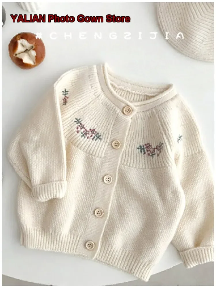 Baby Girl Knit Cardigan Infant Autumn Winter Round Neck Long Sleeves Ribbed Embroidered Solid Color Soft Skin-Friendly Newborn