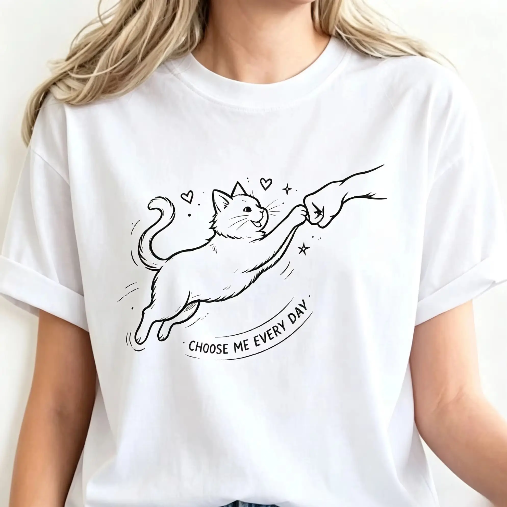 Choose Me Every Day Cat Fist Bump Graphic T-Shirt, Line Art Cat And Human Hand Cute Women Short Sleeve Tee