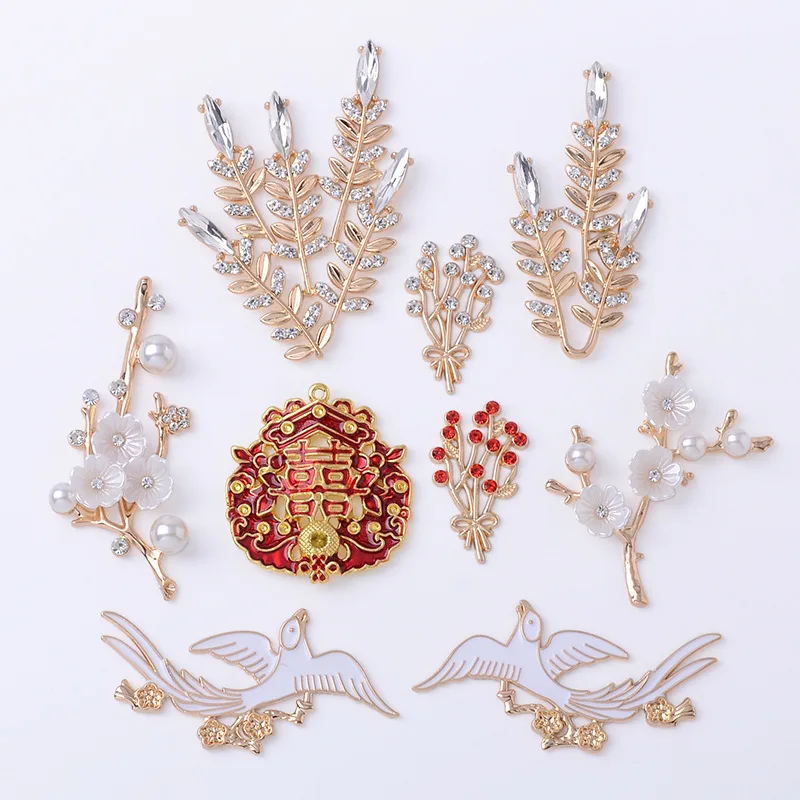 Light version of antique bridal fan clothing bird Xi character alloy DIY accessories retro flower branches and leaves alloy