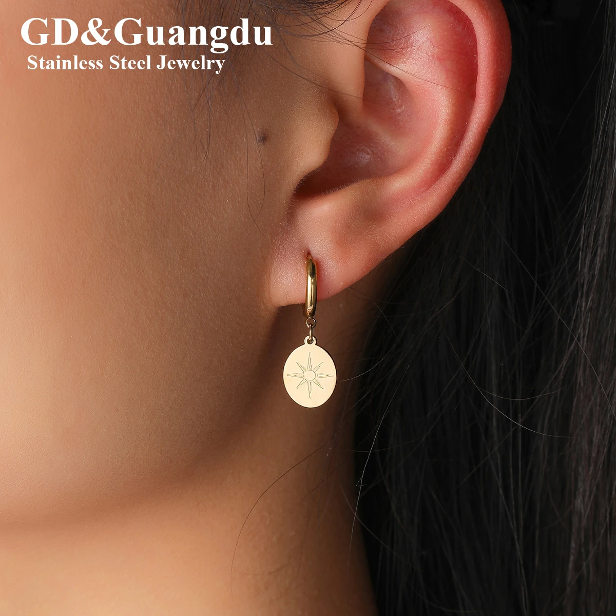 GD Classic Shiny Nova Star Earrings 18 K Gold Color Protection Jewelry Starlight Coin Stainless Steel Hoop Ear Jewelry For Women