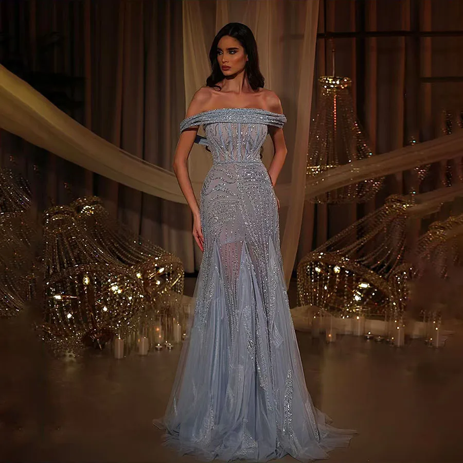 Vestidos de Noche de sirena de lujo para mujer, elegantes vestidos de fiesta de boda formales hechos a mano con cuello en V, cuentas árabes de Dubái, 2025