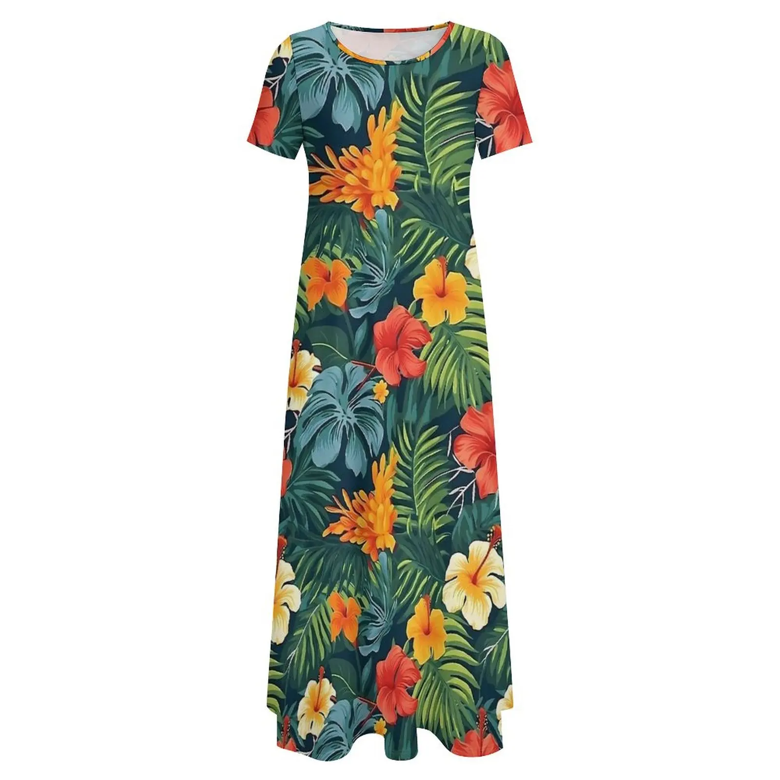 Vestido floral tropical arte floral vintage maxi vestido mulher manga curta street wear boho praia vestidos longos tamanho grande