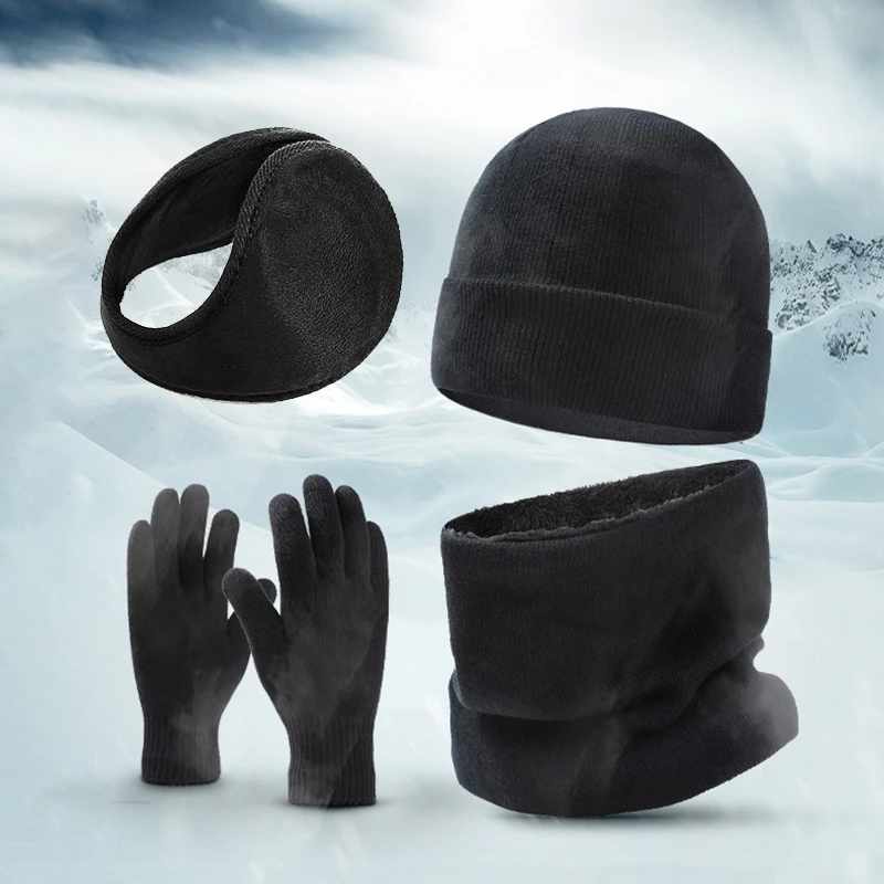 Winter Beanie Hats Scarf Earmuffs Cover Gloves Set Warm Knit Hat Skull Cap Neck Warmer With Thick Fleece For Cycling Motorcycle