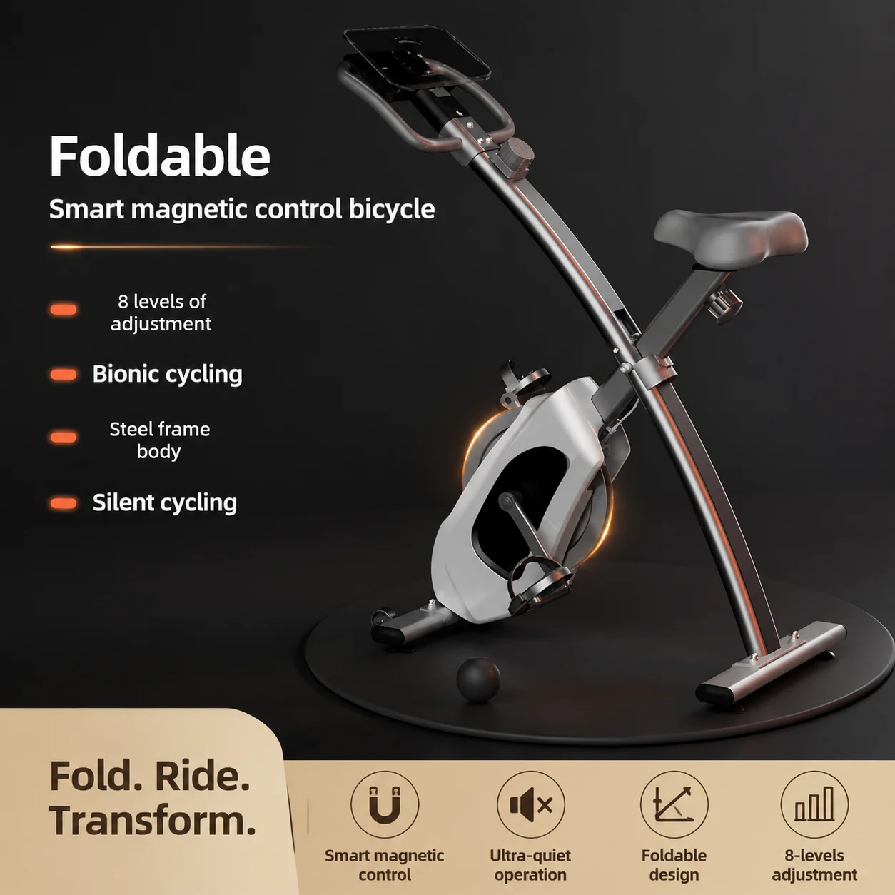 Foldable Silent Steel Upright Spinning Bike with 8‑Level Resistance for Home Exercise and Indoor Sports Training